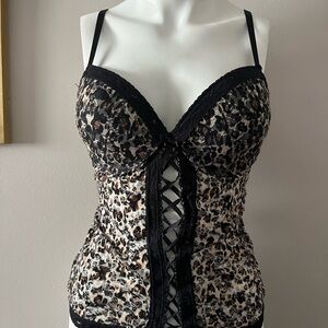 Leopard Lace-Trim Camisole with Lace-Up Front - Black/Tan